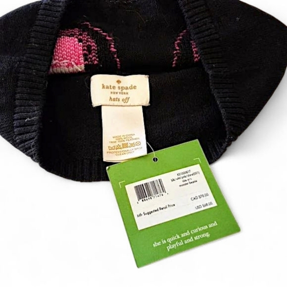 Kate Spade Monster Beanie Knit Hat Black Pink Faux Fur NWT - Picture 5 of 5